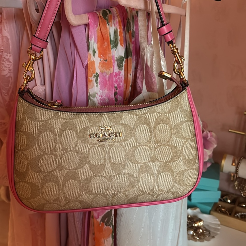 Coach Beige Signature Canvas Shoulder Bag with Pink Trim